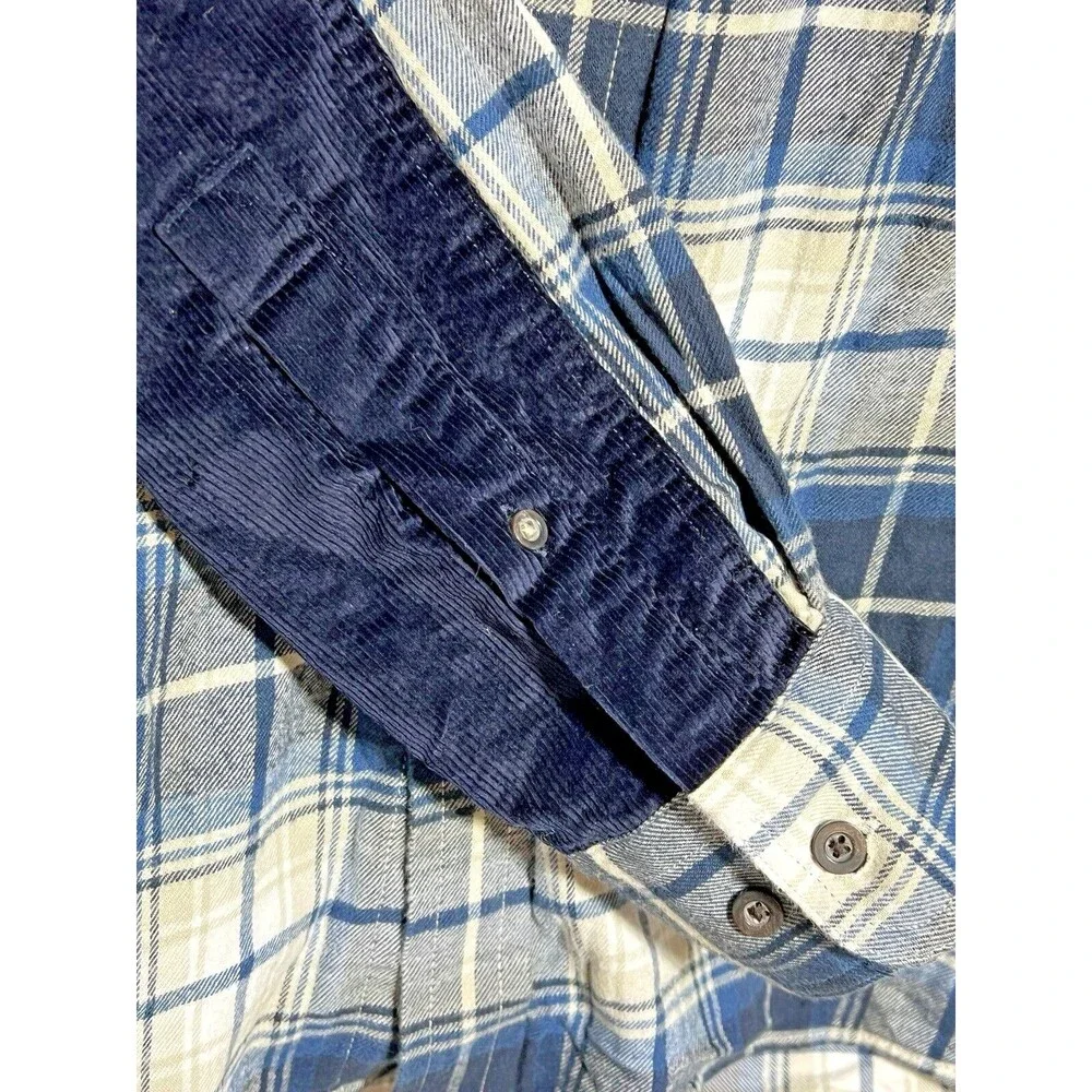 Banana Republic Flannel Shirt‎ Mens Large Blue Plaid Elbow Patch Organic Cotton
